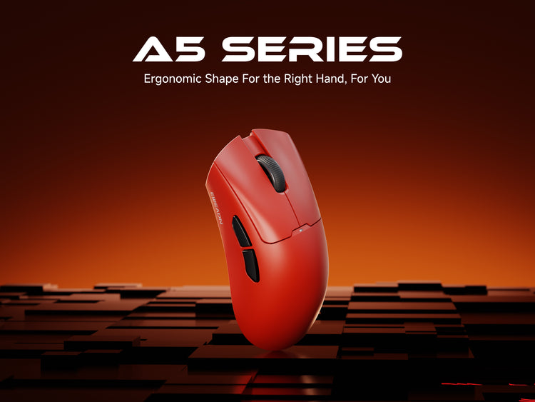 A5 gaming mouse featuring PixArt PAW3395 sensor with 26,000 DPI precision, tri-mode connectivity, and ergonomic right-handed design for accuracy and comfort