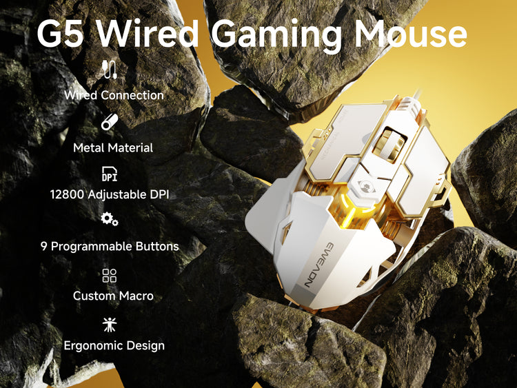 G5 programmable gaming mouse featuring 9 customizable buttons, macro-enabled driver support, and ergonomic handling