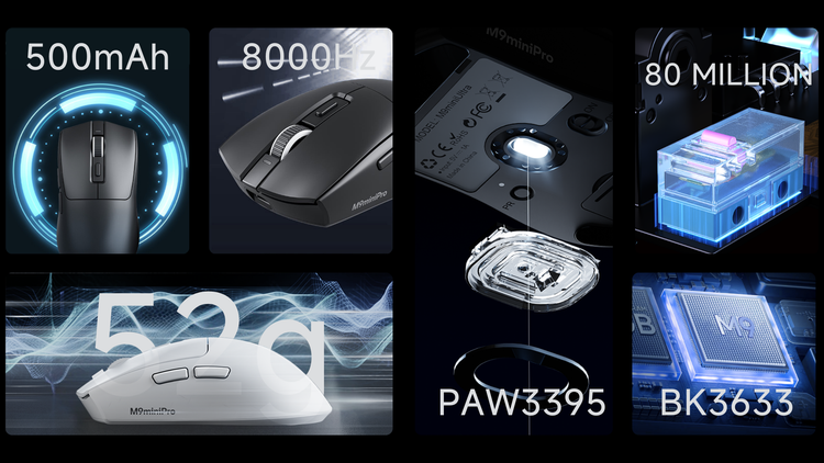 M9 lightweight esports mouse with Huano Blue Shell Pink Dot switches, ultra-precise 3395 sensor, and customizable 8K performance