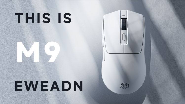 M9 wireless gaming mouse showcasing BK3633 MCU, durable Huano Blue Shell Pink Dot buttons, 500mAh rechargeable battery, and advanced PAW3395 tracking