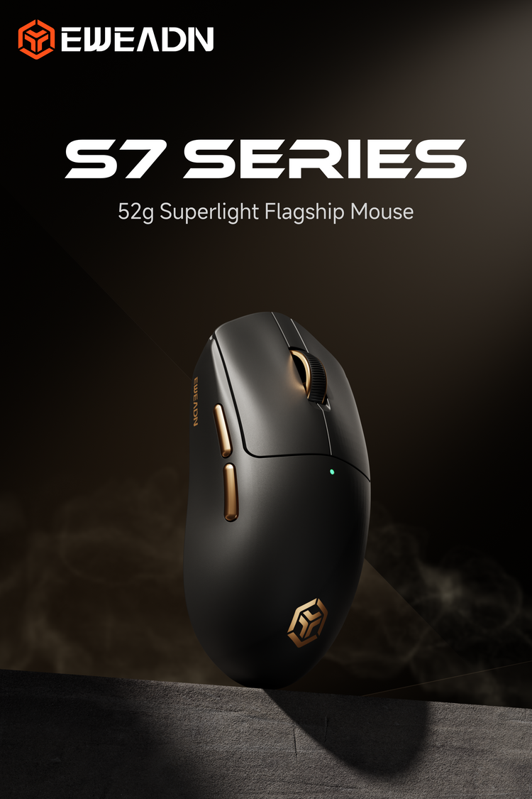 S7 ultra-lightweight wireless gaming mouse featuring PixArt PAW3950 sensor and PAR2862 MCU, engineered for precise tracking, 52g agile design, and professional-grade PTFE skates