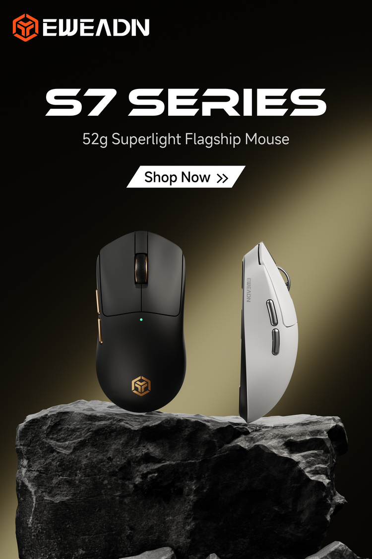 S7 gaming mouse showcasing 8K polling rate, 800mAh extended battery life, durable nano frosted skin coating, and premium Omron mechanical switches for long-lasting performance
