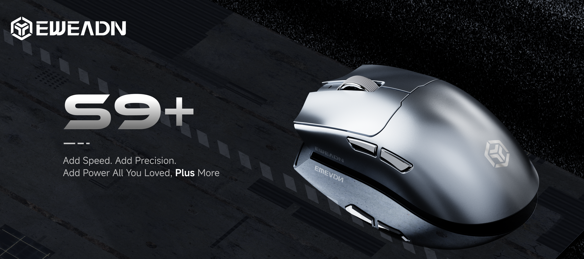 S9+ ultra-lightweight wireless gaming mouse featuring PixArt PAW3395/3950 sensor with PAR2862 MCU, 56g agile design, seamless solid base, and oversized PTFE skates for pro-level stability and glide