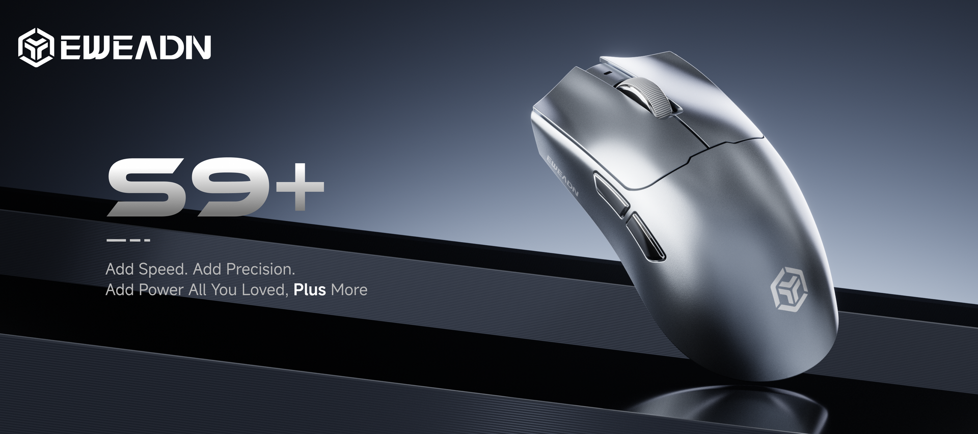 S9+ advanced gaming mouse showcasing 8K polling rate, 500mAh extended battery life, dual switch options with Kailh White Sword or Omron, and stabilized wireless signal with 1K/8K receivers