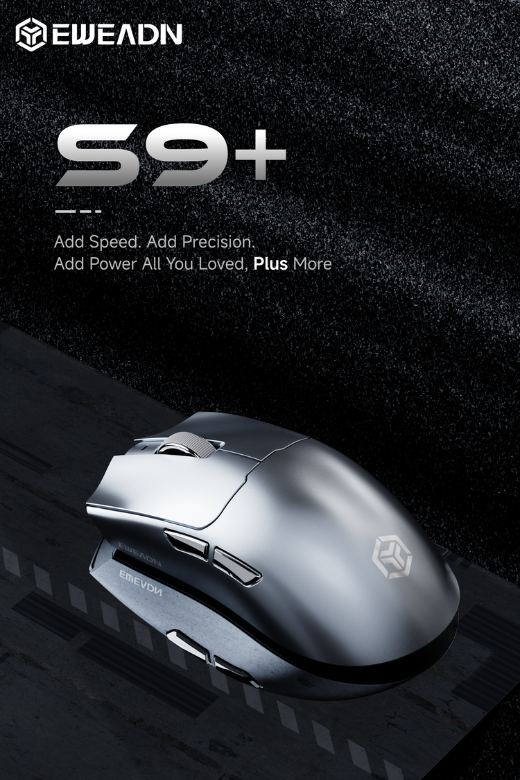 S9+ ultra-lightweight wireless gaming mouse featuring PixArt PAW3395/3950 sensor with PAR2862 MCU, 56g agile design, seamless solid base, and oversized PTFE skates for pro-level stability and glide