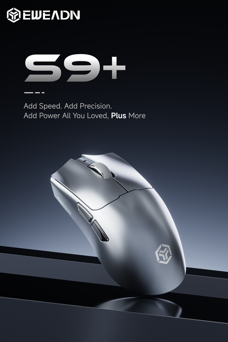 S9+ advanced gaming mouse showcasing 8K polling rate, 500mAh extended battery life, dual switch options with Kailh White Sword or Omron, and stabilized wireless signal with 1K/8K receivers