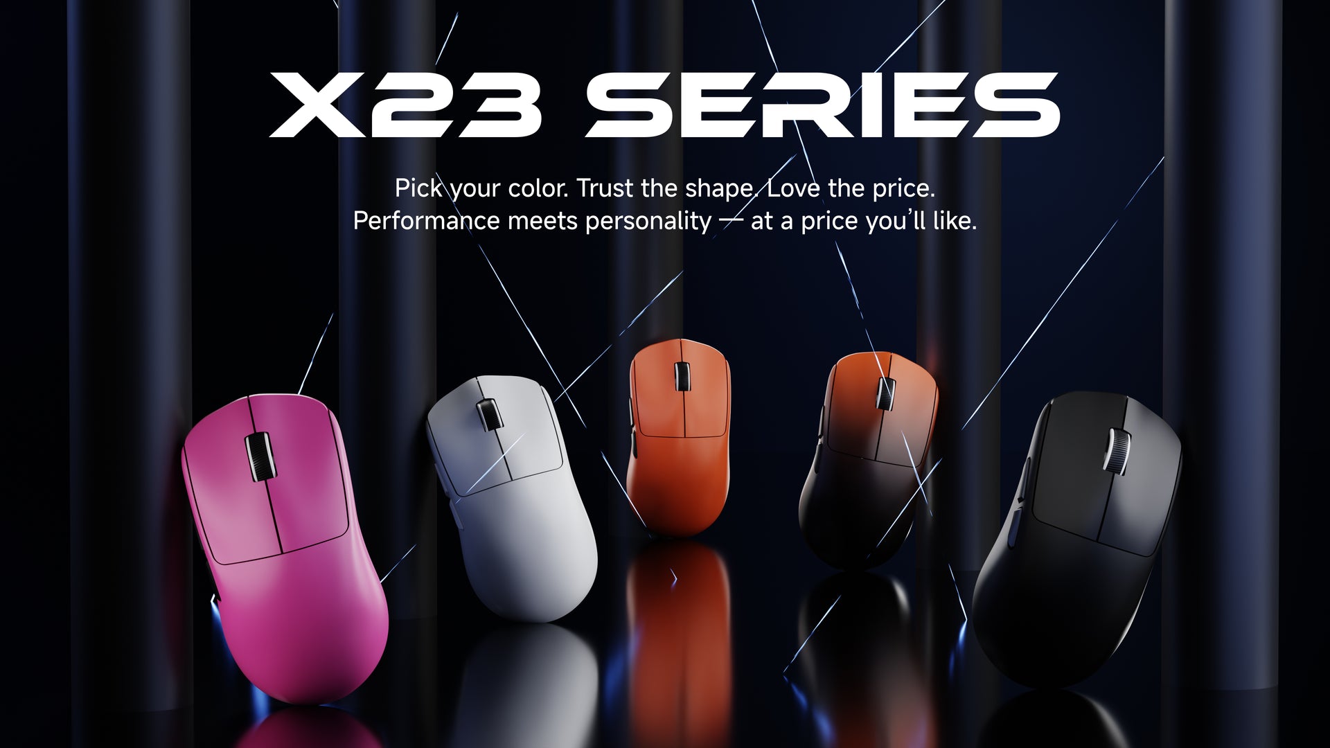 X23 wireless gaming mouse showcasing 800mAh extended battery life on Pro and Max models, tri-mode connectivity, nano ice-skin anti-slip coating, and full driver customization support