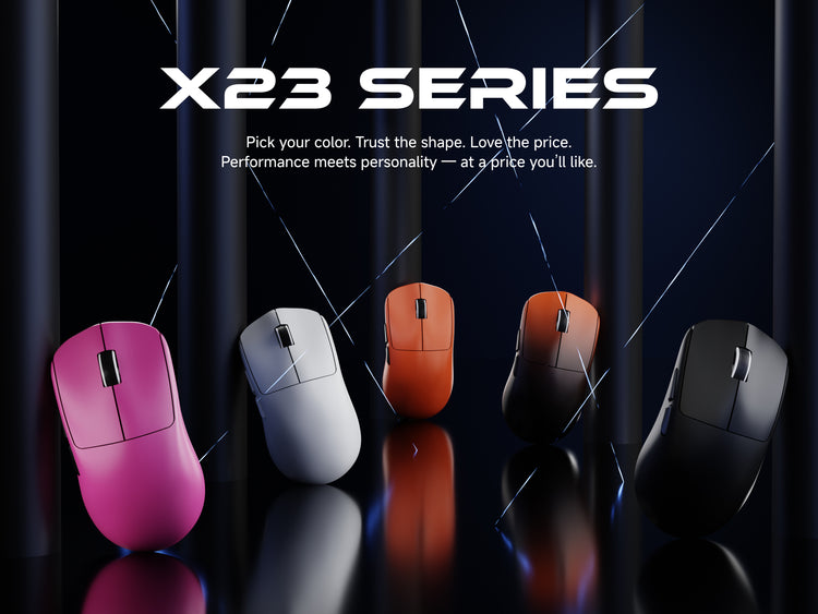 X23 wireless gaming mouse showcasing 800mAh extended battery life on Pro and Max models, tri-mode connectivity, nano ice-skin anti-slip coating, and full driver customization support