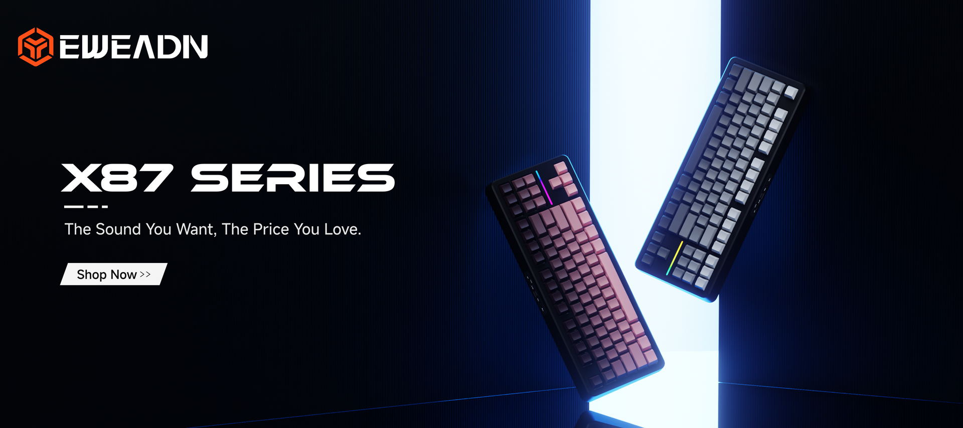X87 mechanical keyboard banner highlighting satisfying typing sound and comfortable key feel, designed as an affordable hot-swappable keyboard for everyday use