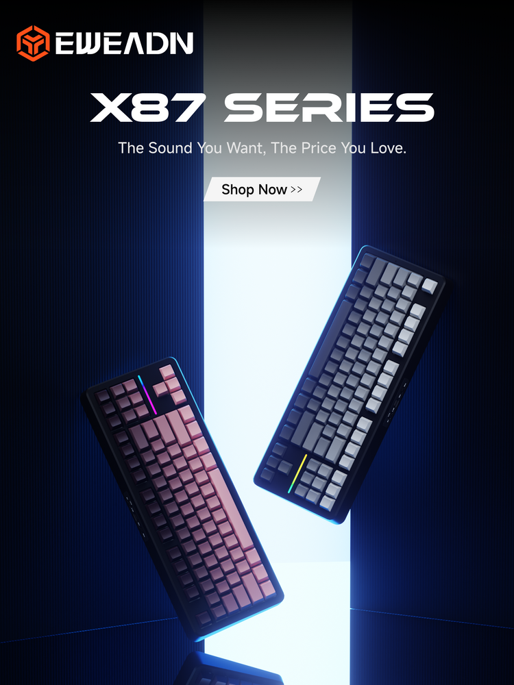 X87 mechanical keyboard banner highlighting satisfying typing sound and comfortable key feel, designed as an affordable hot-swappable keyboard for everyday use