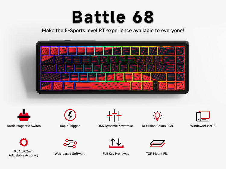 Battle68 gaming magnetic switch keyboard with contoured keycaps, RGB backlighting, and premium top mount structure