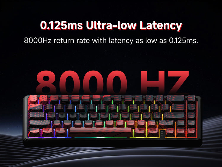 Battle68 magnetic switch keyboard banner highlighting 8000Hz polling rate, vivid RGB lighting, and ergonomic contoured keycaps