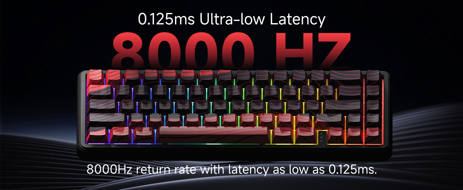 Battle68 magnetic switch keyboard banner highlighting 8000Hz polling rate, vivid RGB lighting, and ergonomic contoured keycaps
