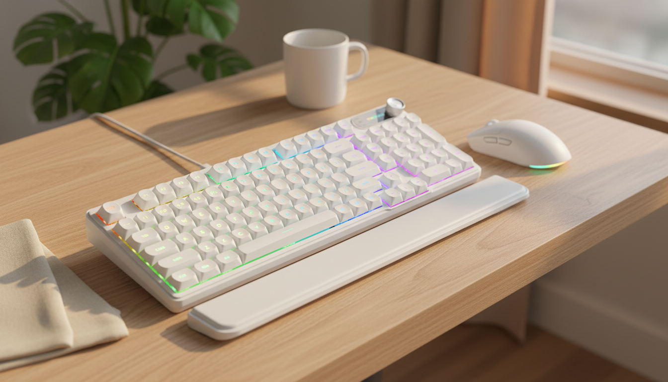 EWEADN white keyboard and matching wireless mouse arranged together on a warm wooden desk