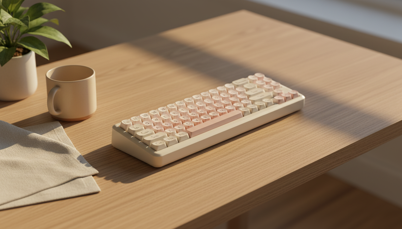 EWEADN M71 mechanical keyboard on a warm wooden desk with soft afternoon light and a coffee cup