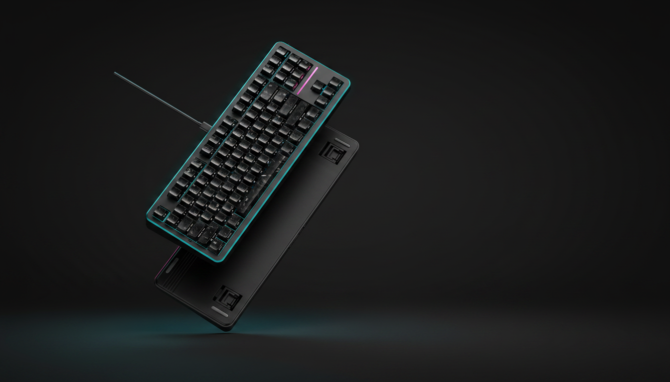 EWEADN X87HE magnetic switch keyboard shown in a dark high-contrast studio setting with cool rim lighting