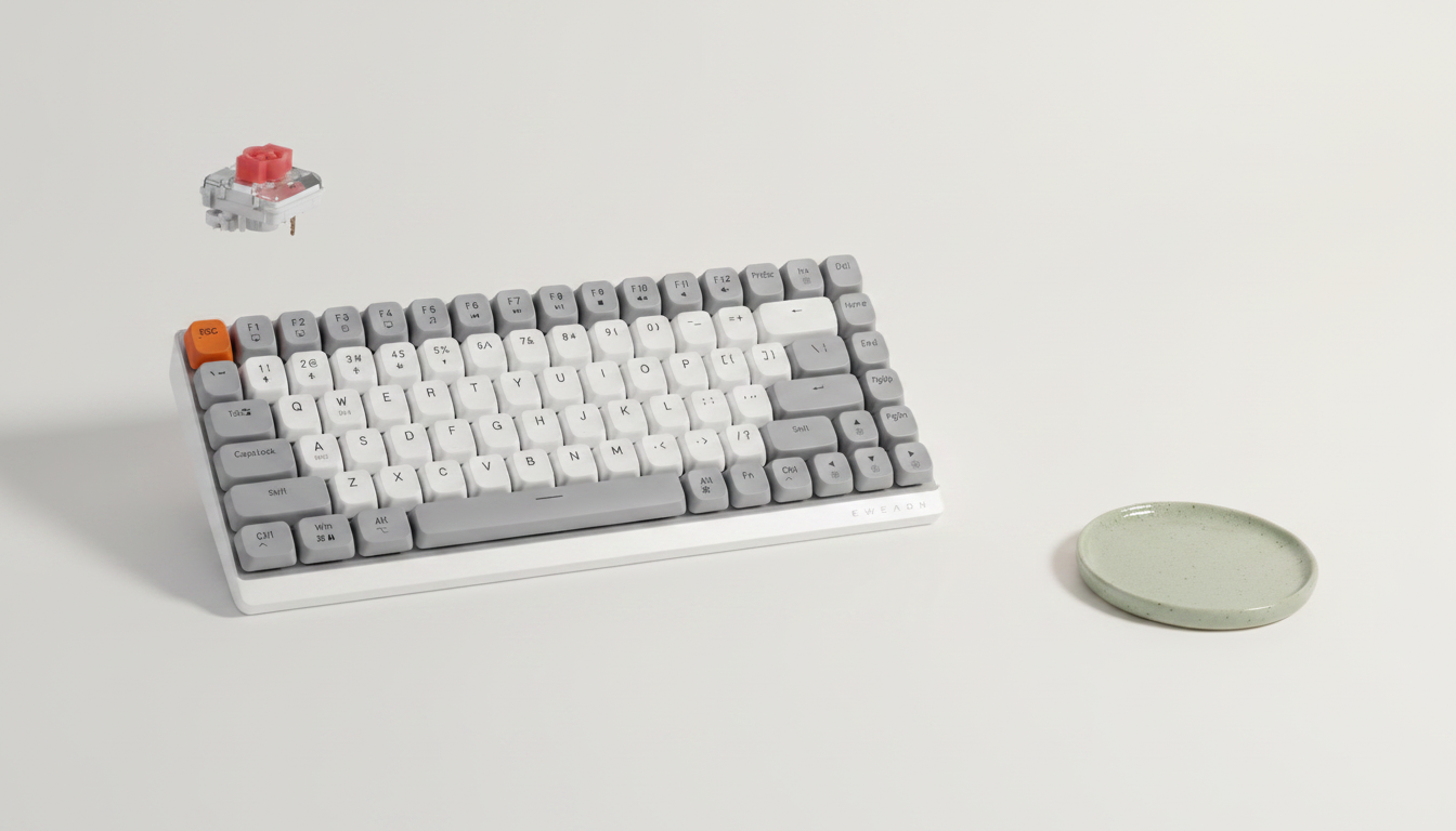EWEADN MK84 low-profile mechanical keyboard shown on a bright minimal studio background