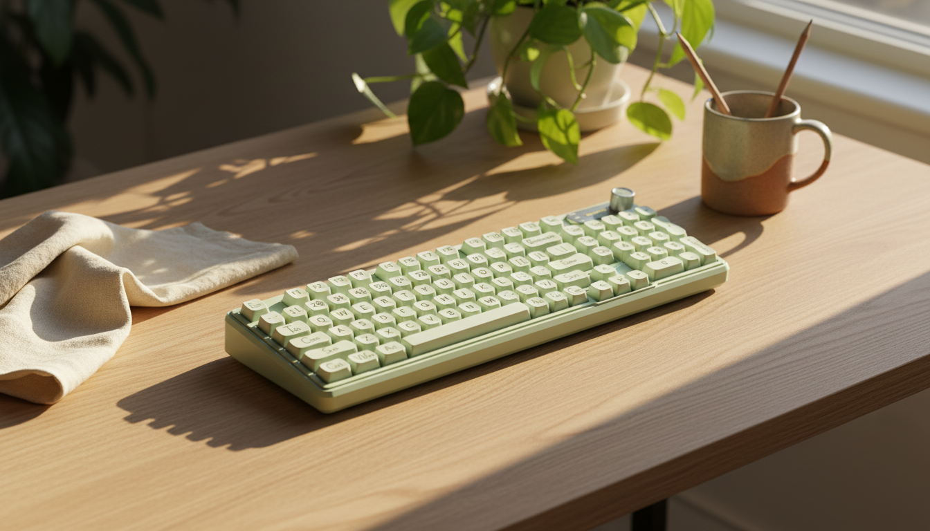 EWEADN V102 AIR membrane keyboard on a warm wooden desk in soft natural daylight