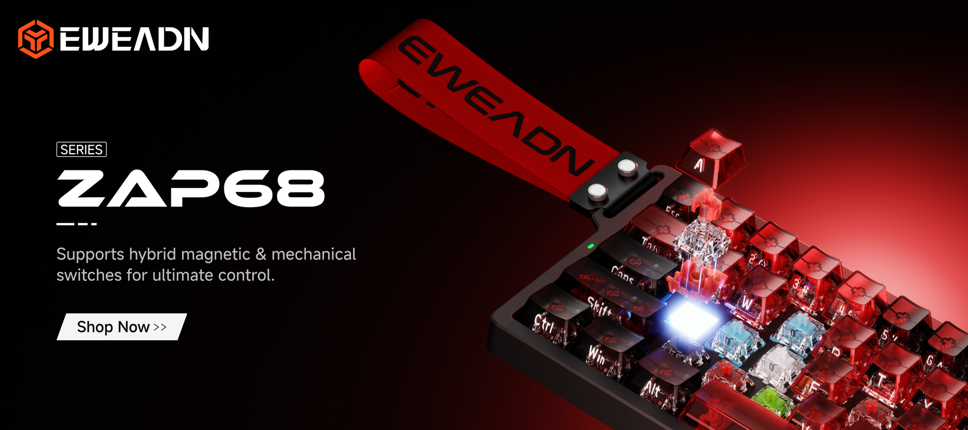 ZAP68 magnetic switch keyboard banner highlighting innovative mixed switch design with hot-swappable keys for versatile customization