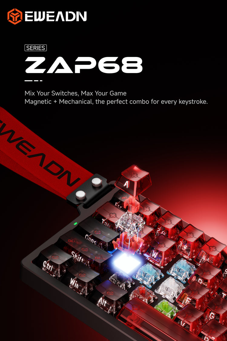 ZAP68 magnetic switch keyboard banner highlighting innovative mixed switch design with hot-swappable keys for versatile customization